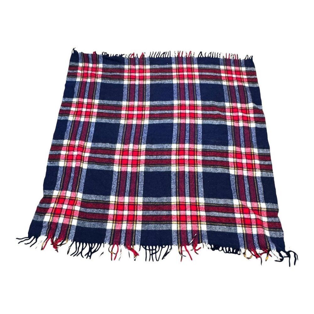 Vintage Faribo Plaid Tartan Wool Throw Blanket 54" X 53" Red Blue Fringed Edges